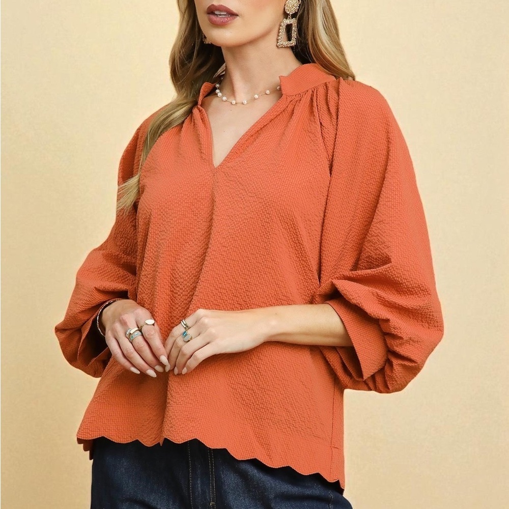 Umgee Clay Terracotta Scallop Hem Textured Blouse- Sz Small